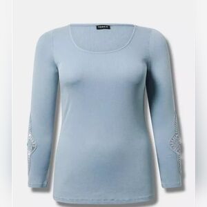 Torrid Size 1 Cotton Modal Rib Scoop Neck Crochet Long Sleeve Top